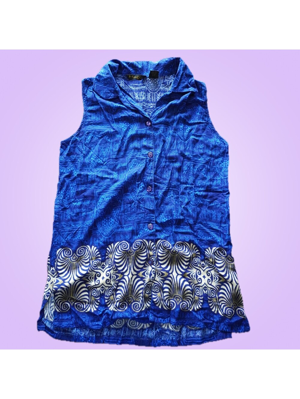Vintage Magic Womens Blue Batik Tribal Print Sleeveless Button Up Shirt Small
